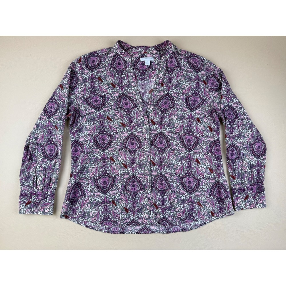 Boho Paisley Button Up Cotton Blouse Purple‎ Floral Size 12 Charter Club